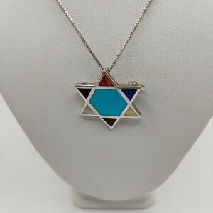 Star of David Inlay Pendant/Brooch on 18-inch Box Chain